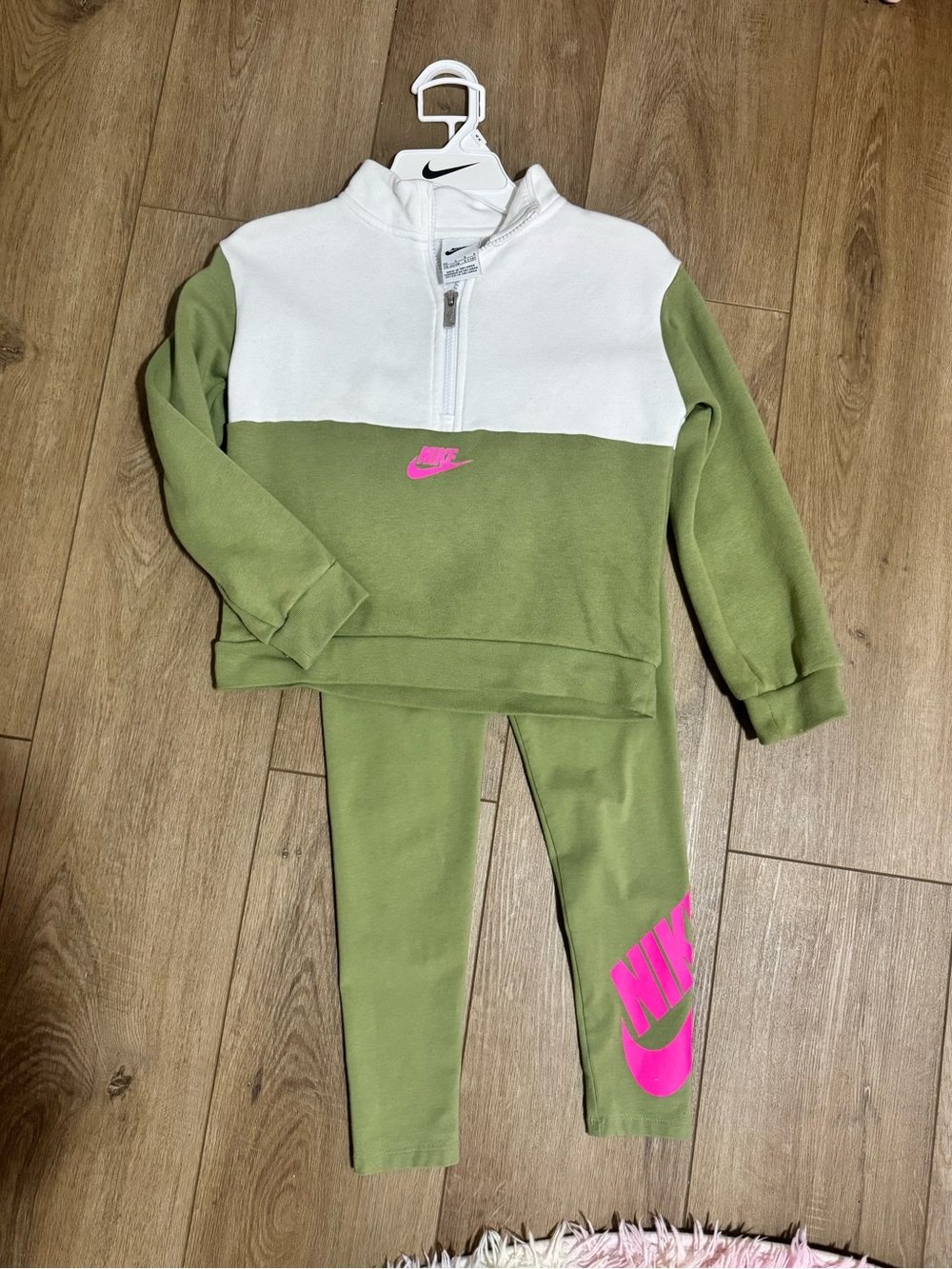 Nike Kids Olive Green & White Half-Zip Top with Pink Logo Leggings Set